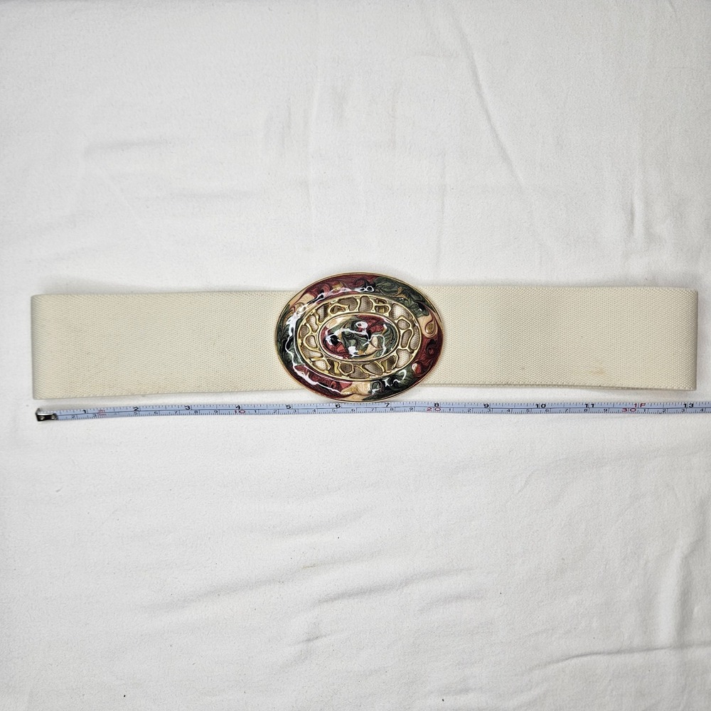 Vtg 80s Cream Elastic Cinch Belt Art Nouveau Enamel Gold Tone Buckle 24-32in‎